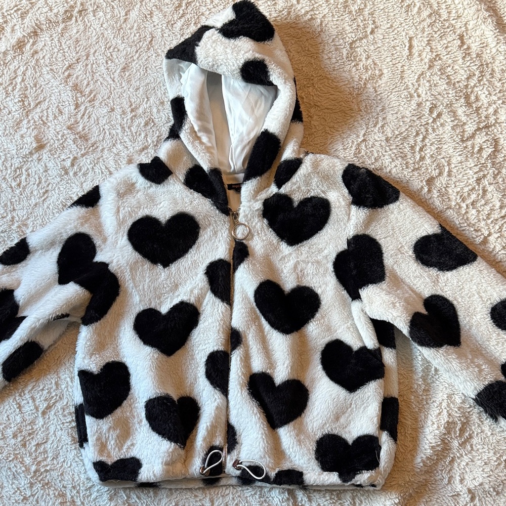 Black and White Heart Patterned Hooded Jacket